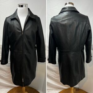 Vintage Eddie Bauer Women’s Tall XL Black Leather Jacket Y2K 90s Trench Coat